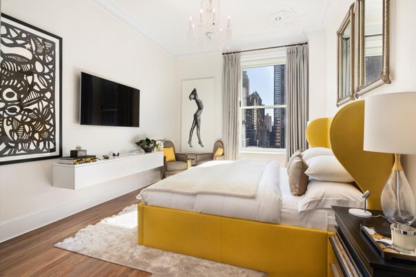Bedroom, Chandelier, Interior, Recessed Lighting, Wood Texture Flooring