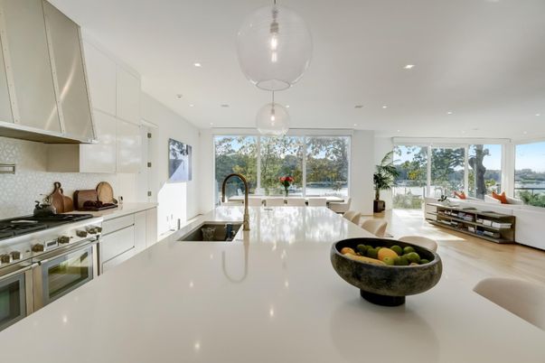 Dining room, Interior, Kitchen, Living room, Pendant Lights, Recessed Lighting, Stainless Steel Appliances, Wood Texture Flooring