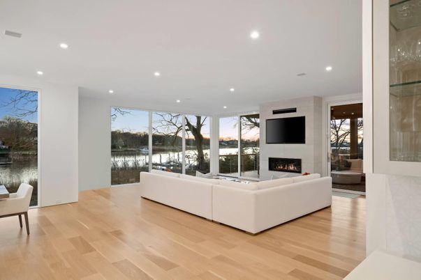 Fireplace, Interior, Living room, Recessed Lighting, Wood Texture Flooring