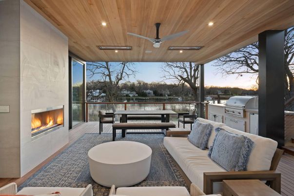 Fireplace, Interior, Living room, Recessed Lighting, Wooden Ceilings