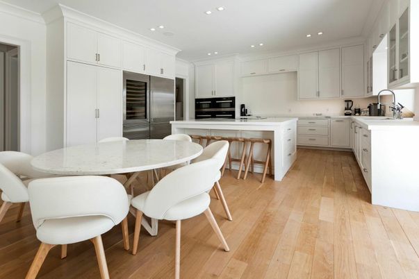 Dining room, Interior, Kitchen, Recessed Lighting, Stainless Steel Appliances, Wood Texture Flooring