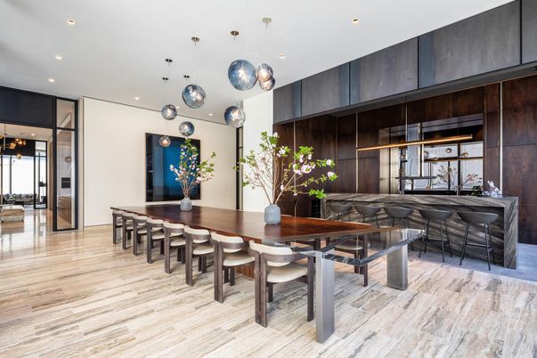 Dining room, Interior, Pendant Lights, Recessed Lighting, Wood Texture Flooring