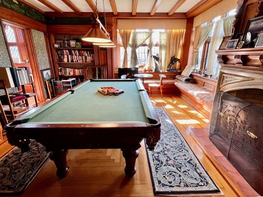 Billiard Table, Game Room, Interior, Pendant Lights, Wood Texture Flooring