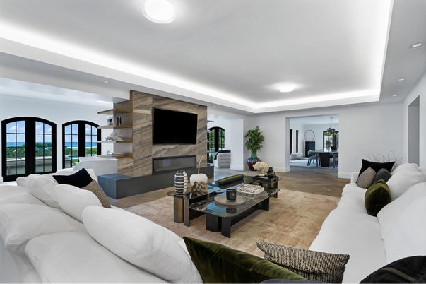 Fireplace, Interior, Living room, Recessed Lighting, Stone Walls, Wood Texture Flooring