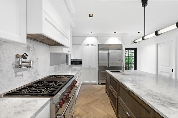Interior, Kitchen, Marble Walls, Pendant Lights, Recessed Lighting, Stainless Steel Appliances, Wood Texture Flooring
