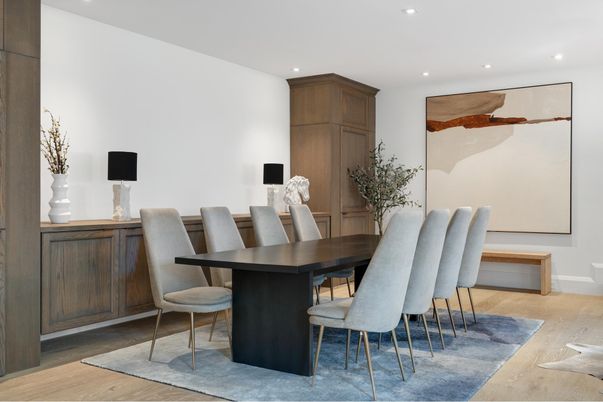 Dining room, Interior, Recessed Lighting, Wood Texture Flooring