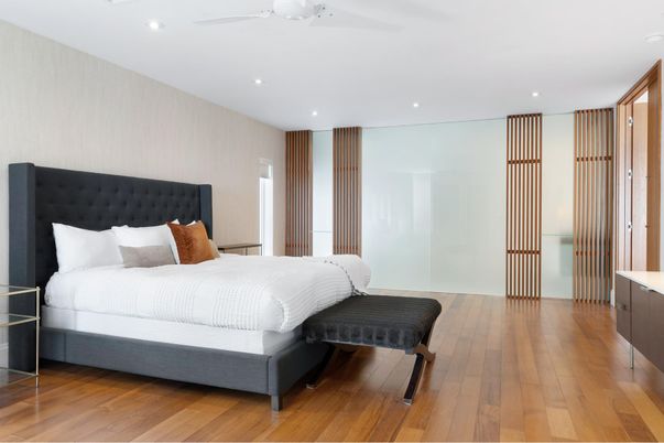 Bedroom, Interior, Recessed Lighting, Wood Texture Flooring