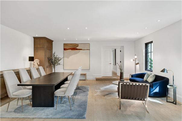 Dining room, Interior, Living room, Recessed Lighting, Wood Texture Flooring