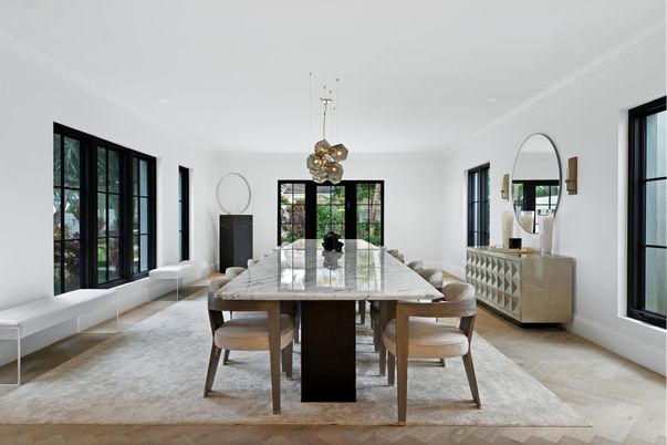 Dining room, Interior, Pendant Lights, Wood Texture Flooring