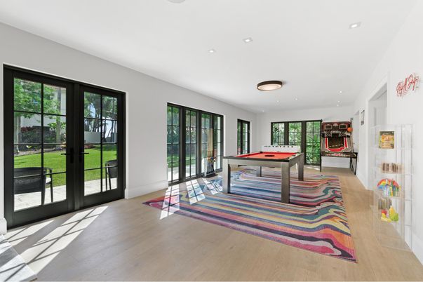 Billiard Table, Game Room, Interior, Recessed Lighting, Wood Texture Flooring