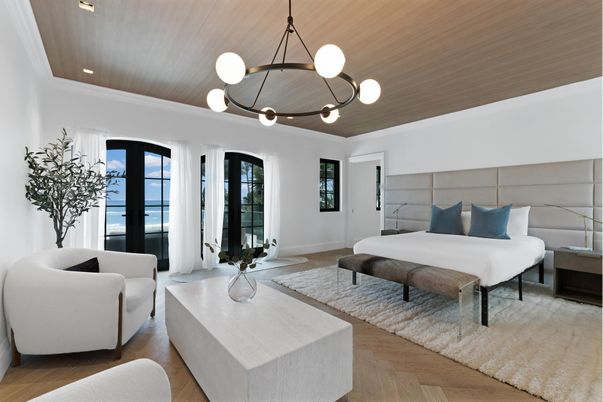 Bedroom, Interior, Pendant Lights, Recessed Lighting, Wood Texture Flooring