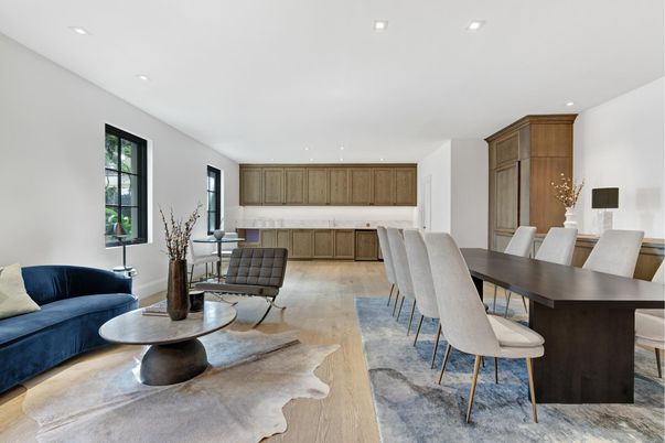 Dining room, Interior, Living room, Recessed Lighting, Wood Texture Flooring