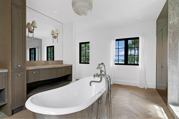 Bathroom, Dual Sink Vanities, Free Standing Baths, Interior, Recessed Lighting, Wood Texture Flooring