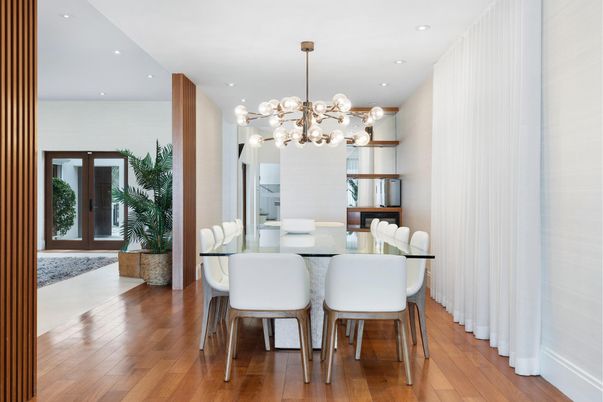 Dining room, Interior, Pendant Lights, Recessed Lighting, Wood Texture Flooring