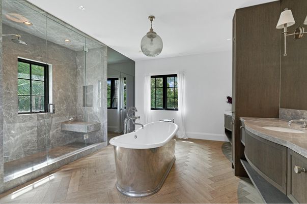 Bathroom, Free Standing Baths, Glass Shower, Interior, Marble Walls, Recessed Lighting, Wood Texture Flooring