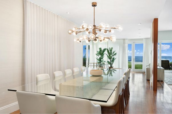 Dining room, Interior, Pendant Lights, Recessed Lighting, Water, Wood Texture Flooring