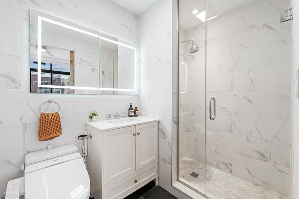 Bathroom, Glass Shower, Interior, Marble Walls, Recessed Lighting