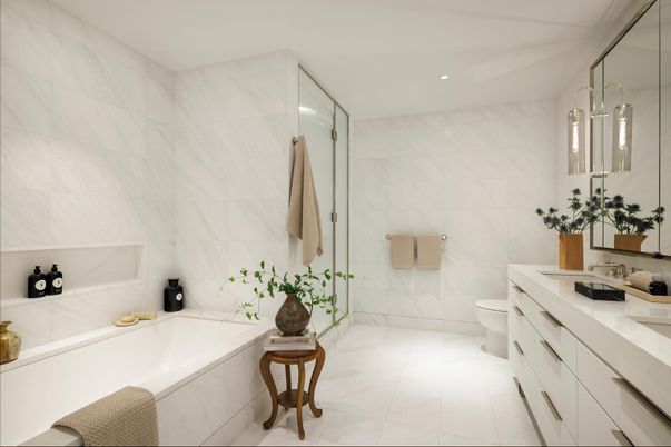 Bathroom, Dual Sink Vanities, Interior, Marble Walls, Recessed Lighting