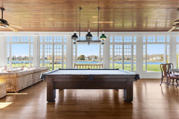 Billiard Table, Game Room, Interior, Pendant Lights, Water, Wooden Ceilings, Wood Texture Flooring