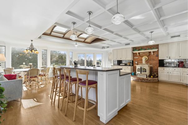 Dining room, Fireplace, Interior, Kitchen, Pendant Lights, Stone Walls, Wood Texture Flooring