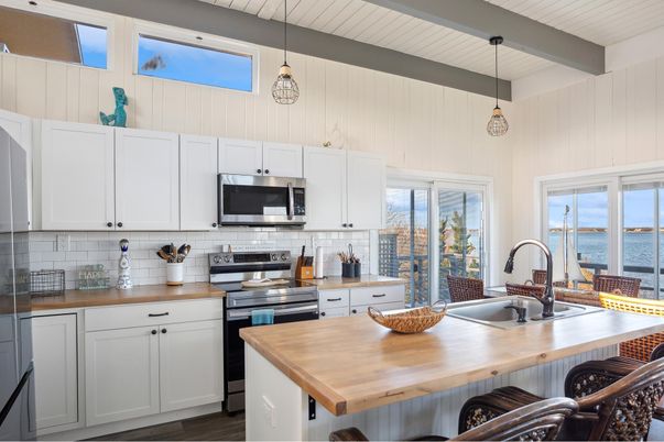 Interior, Kitchen, Pendant Lights, Stainless Steel Appliances, Water, Wood Texture Flooring