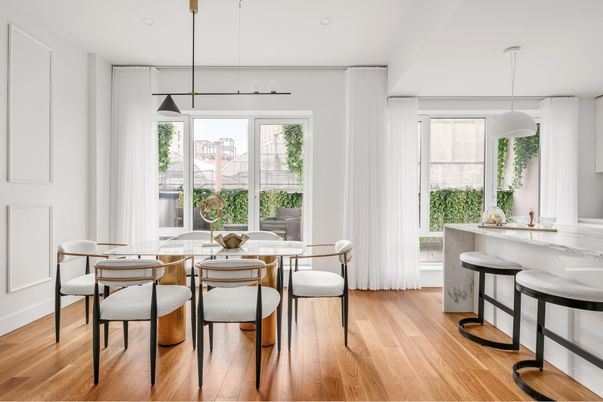 Dining room, Interior, Pendant Lights, Recessed Lighting, Wood Texture Flooring