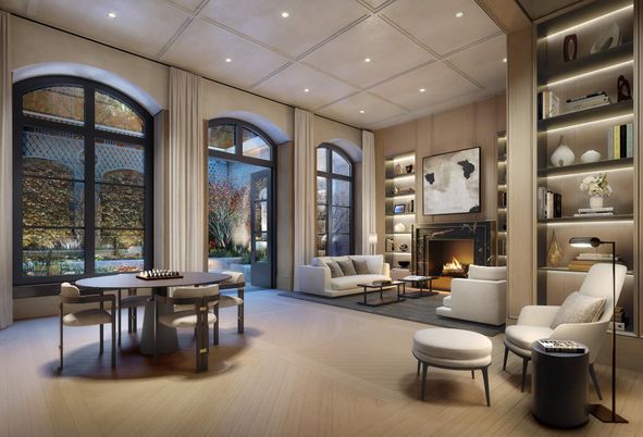 Dining room, Fireplace, Interior, Living room, Recessed Lighting, Wood Texture Flooring