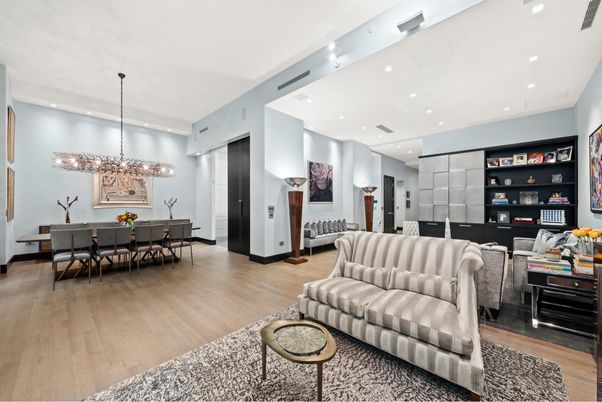 Dining room, Interior, Living room, Pendant Lights, Recessed Lighting, Wood Texture Flooring