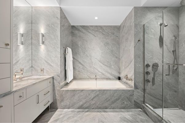 Bathroom, Dual Sink Vanities, Glass Shower, Interior, Marble Walls, Recessed Lighting