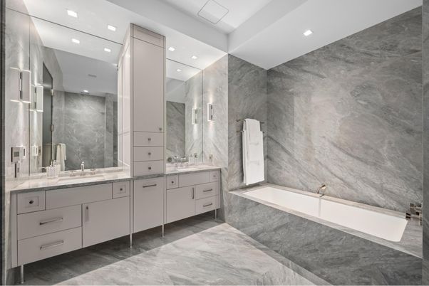 Bathroom, Dual Sink Vanities, Interior, Marble Walls, Recessed Lighting