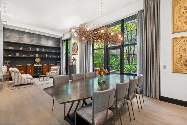 Chandelier, Dining room, Interior, Living room, Pendant Lights, Recessed Lighting, Wood Texture Flooring