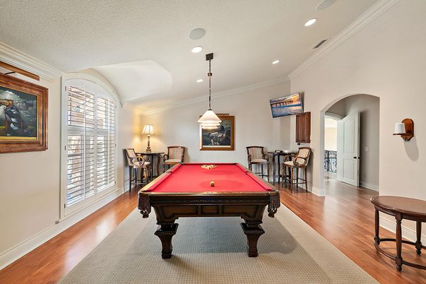 Billiard Table, Game Room, Interior, Pendant Lights, Recessed Lighting, Wood Texture Flooring