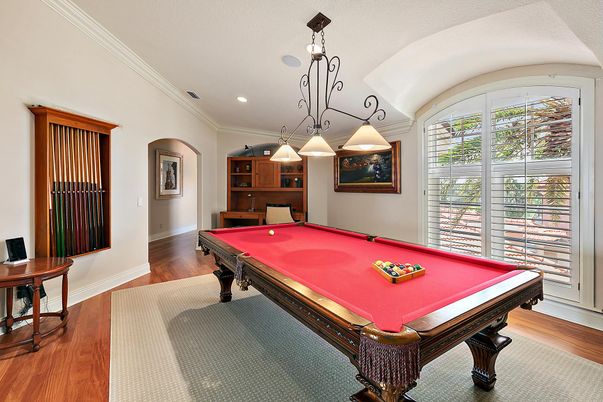 Billiard Table, Game Room, Interior, Pendant Lights, Recessed Lighting, Wood Texture Flooring