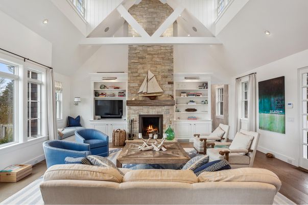 Fireplace, Interior, Living room, Recessed Lighting, Stone Walls, Wood Texture Flooring
