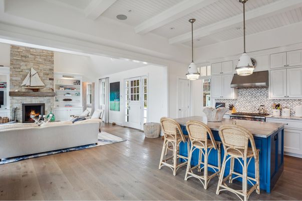 Fireplace, Interior, Kitchen, Living room, Pendant Lights, Recessed Lighting, Stone Walls, Wood Texture Flooring
