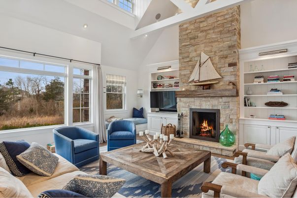 Fireplace, Interior, Living room, Recessed Lighting, Stone Walls