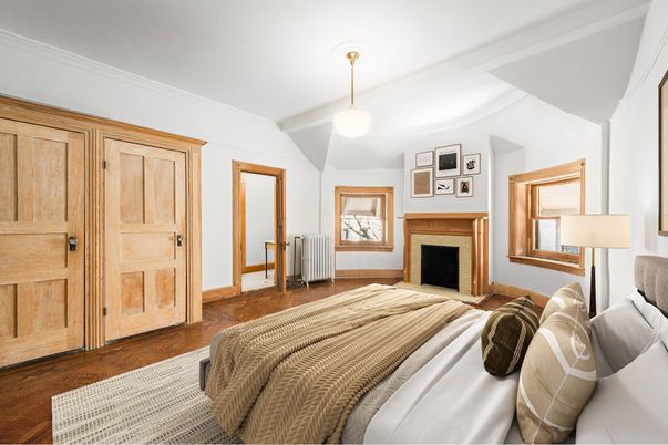 Bedroom, Fireplace, Interior, Wood Texture Flooring