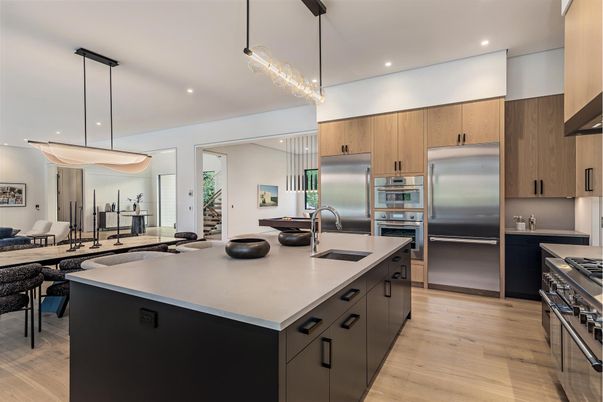 Chandelier, Interior, Kitchen, Pendant Lights, Recessed Lighting, Stainless Steel Appliances, Wood Texture Flooring
