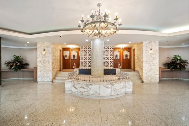 Chandelier, Interior, Marble Walls, Recessed Lighting