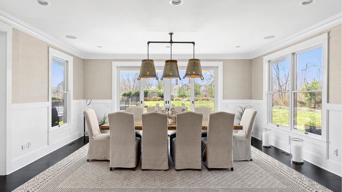 Dining room, Interior, Pendant Lights, Recessed Lighting, Wood Texture Flooring