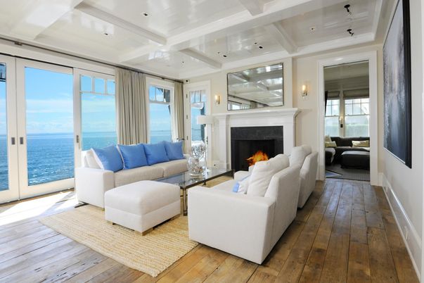 Fireplace, Interior, Living room, Recessed Lighting, Water, Wood Texture Flooring