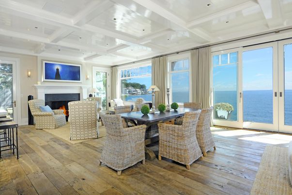 Dining room, Fireplace, Interior, Living room, Recessed Lighting, Water, Wood Texture Flooring