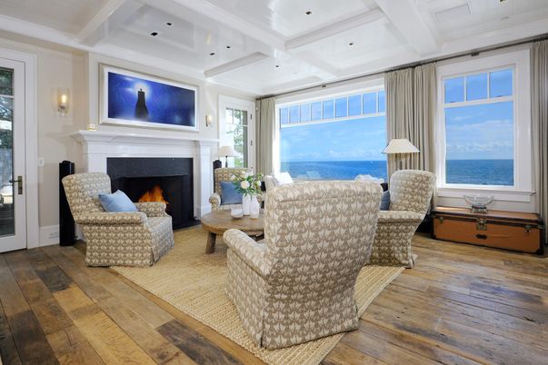 Fireplace, Interior, Living room, Recessed Lighting, Water, Wood Texture Flooring