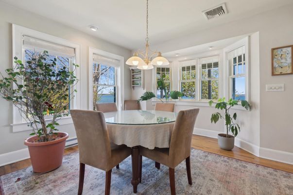 Dining room, Interior, Pendant Lights, Recessed Lighting, Wood Texture Flooring