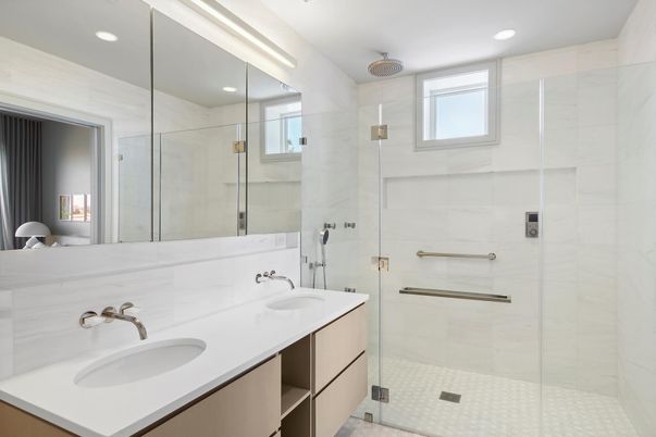 Bathroom, Dual Sink Vanities, Glass Shower, Interior, Recessed Lighting