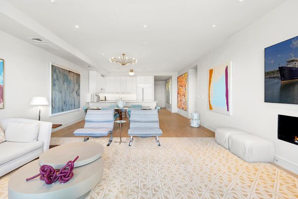 Dining room, Fireplace, Interior, Kitchen, Living room, Pendant Lights, Recessed Lighting, Wood Texture Flooring
