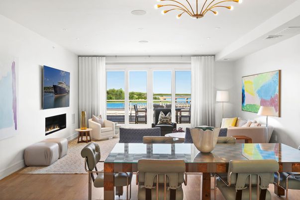 Dining room, Fireplace, Interior, Living room, Recessed Lighting, Water, Wood Texture Flooring