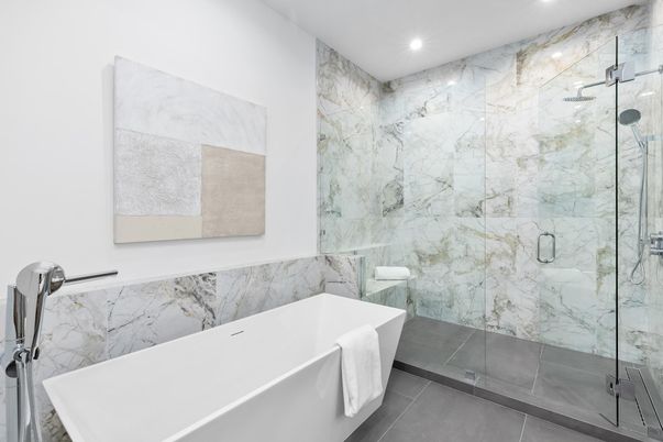 Bathroom, Free Standing Baths, Glass Shower, Interior, Marble Walls, Recessed Lighting
