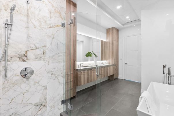 Bathroom, Dual Sink Vanities, Glass Shower, Interior, Marble Walls, Recessed Lighting