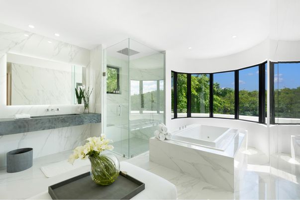 Bathroom, Glass Shower, Interior, Marble, Marble Walls, Recessed Lighting